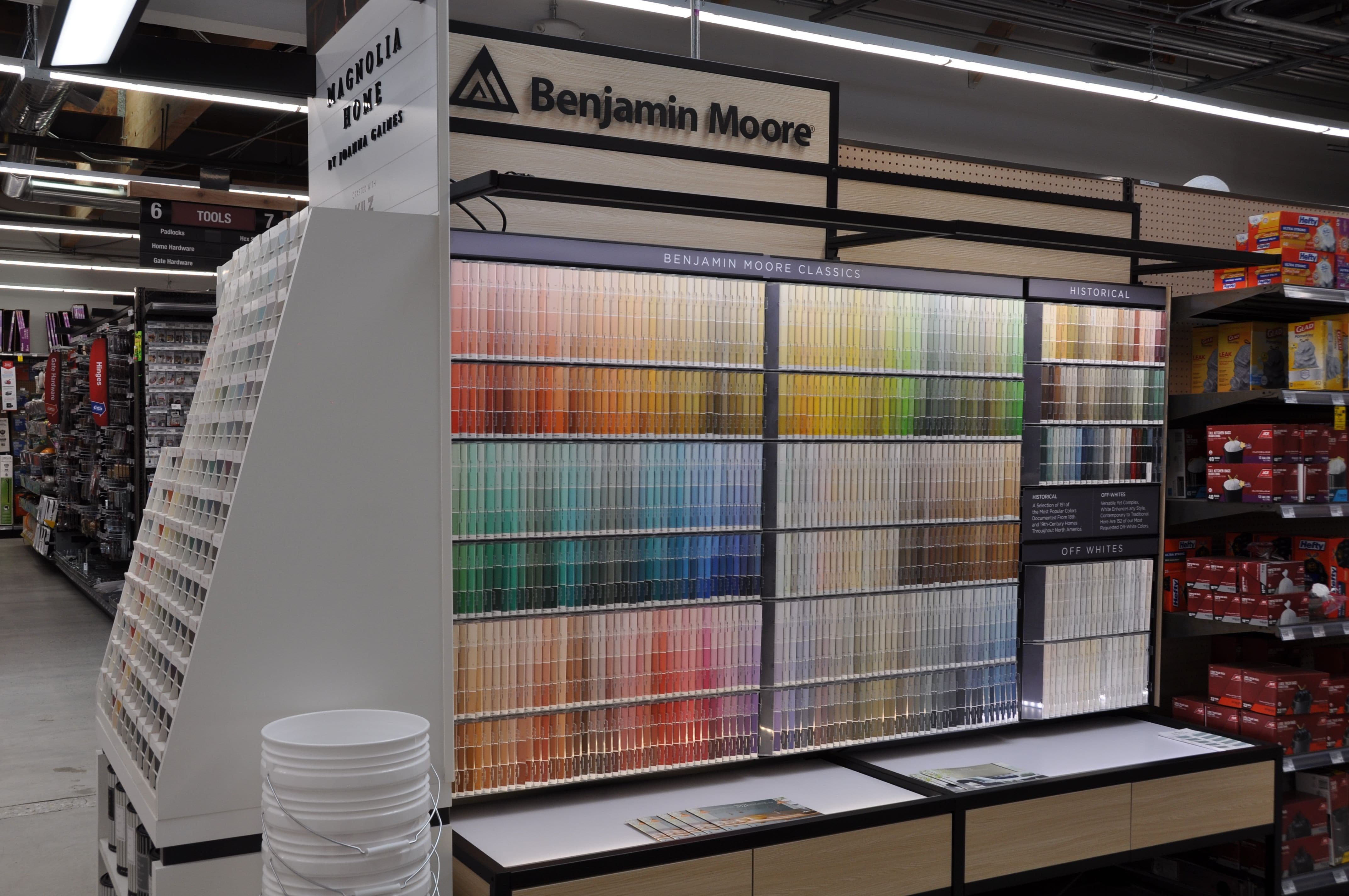 Display showcasing the different colors available through Benjamin Moore.
